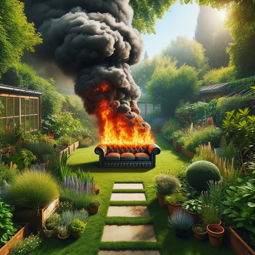  A photo-realistic image showing toxic fumes emitting from a burn waste sofa in a garden. The garden is lush and green, with a variety of plants and trees